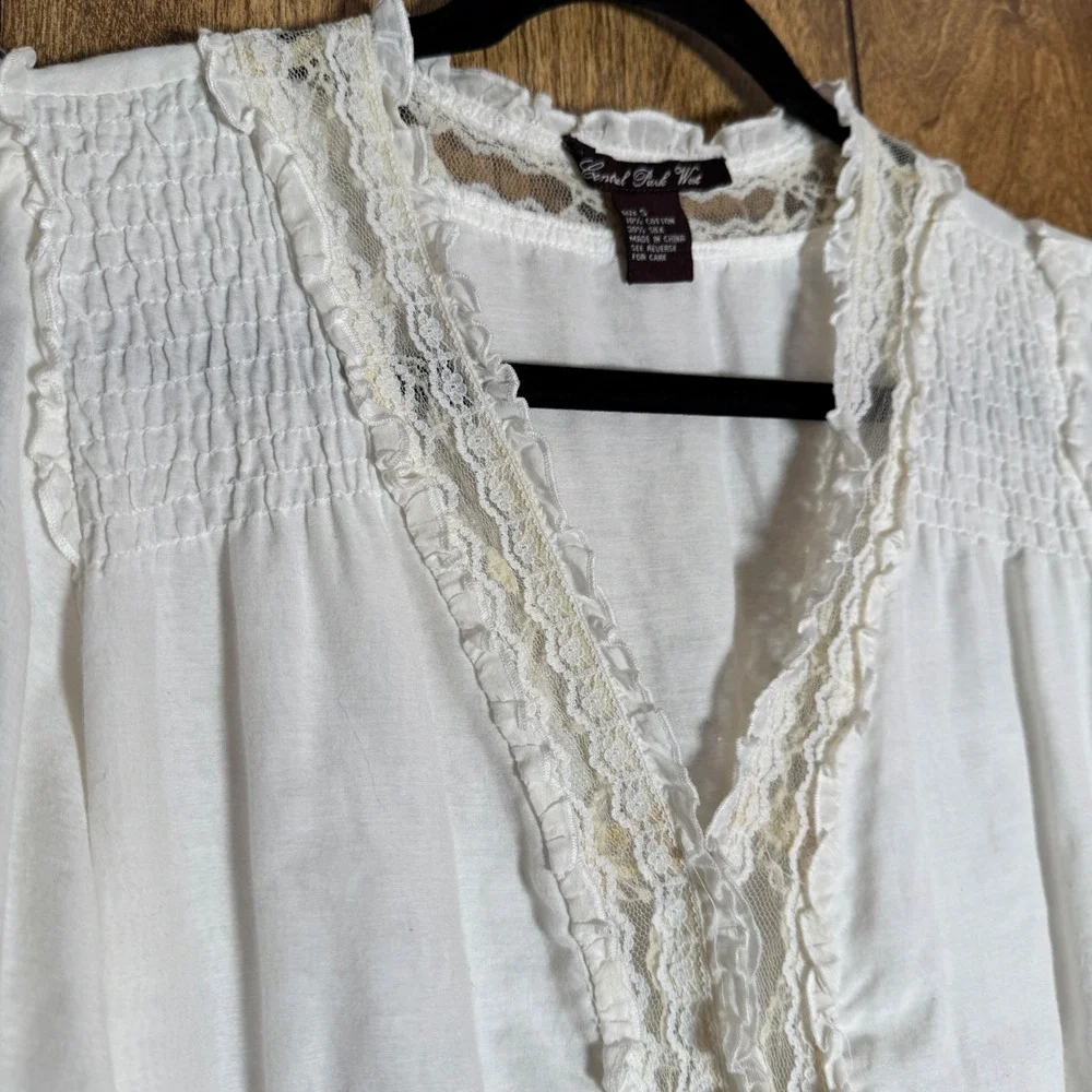 Central Park West White Cotton/Silk Blouse Lace Trim Top Boho Prairie Cottage S - Picture 3 of 7